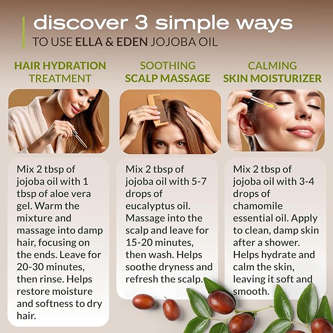 Ella & Eden Organic Jojoba Oil – USDA Certified, Cold-Pressed, 100% Pure & Unrefined, Hexane-Free Oil for Skin, Face, Hair & Nails – 4 Oz Glass Bottle