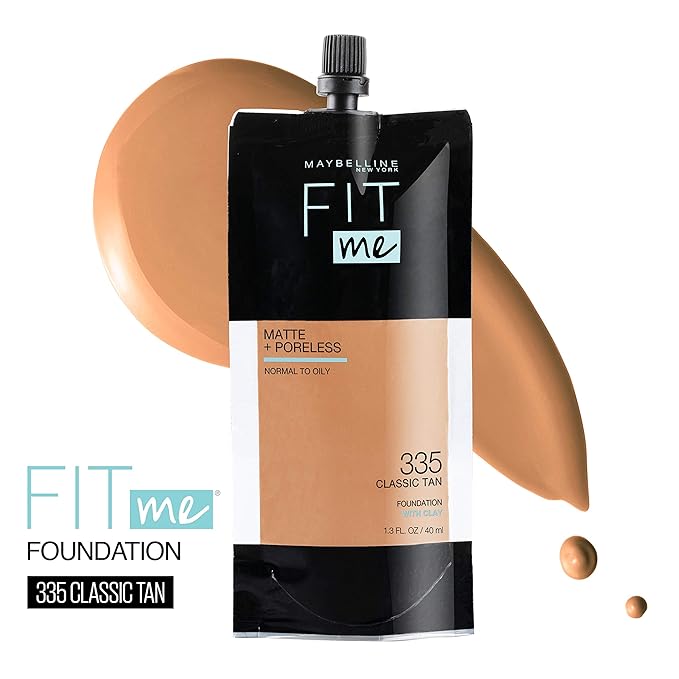 Maybelline New York Fit Me Matte + Poreless Liquid Foundation, Pouch Format, 335 Classic Tan, 1.3 Ounce