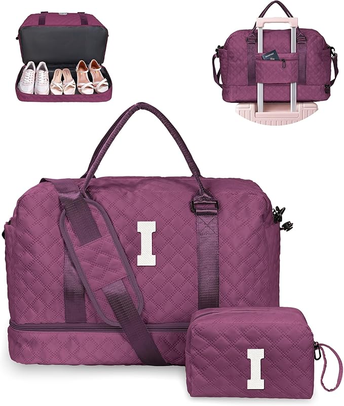Bride To Be Gifts, Gifts for Women-Initial Travel Bag with Shoe Compartment, Personalized Weekender Bags, Monogram Overnight Bag for Women, Letter Travel Bags with Makeup Pouch (Letter I)