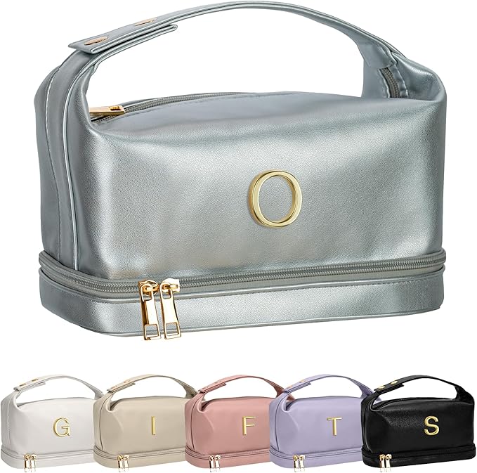 Gifts With Initials for Women, Personalized Makeup Bag with Handle, Initial Double Layer Cosmetic Bag with Makeup Brush Organizer, Cute Cosmetic Pouch for Women, Gifts for Friends Female