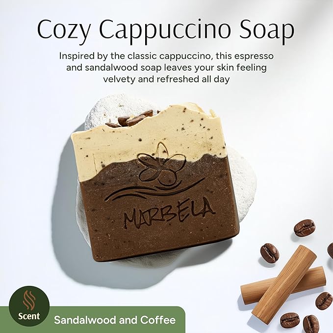 Marbela Cosmetics Cozy Cappuccino Handmade Soap Bar - Made in USA, Vegan Friendly, Palm Oil Free, Natural Bar Soap - Gentle Face & Body Soap for Daily Skin Care, Moisturizing & Nourishing - 3.5 oz