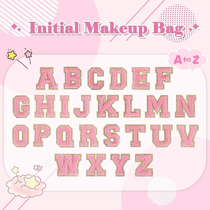 Personalized Initial A-Z Preppy Patch Makeup Bag,Small PU Leather Chenille Letter Cosmetic Bag with Zipper for Teen Girls,Pink Cute Travel Toiletry Bag,Birthday Monogrammed Gift for Daughter,Letter A