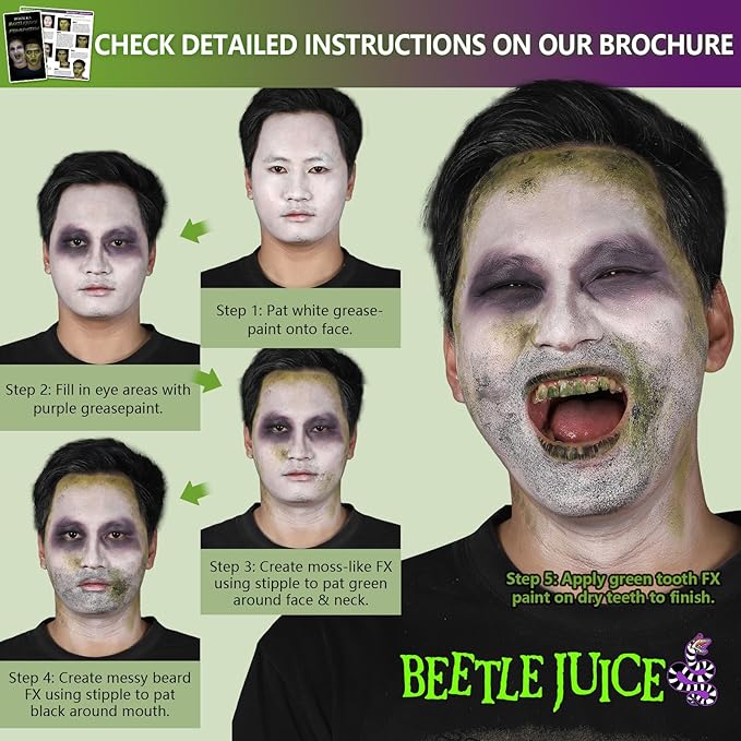 Halloween Beetle-juice Makeup & Frankenstein Makeup Kit, Face Paint SFX Character Set with Black Lipstick & Applicators for Ghost, Zombie, Grinch Special Effects Make Up, Costume Cosplay Party & Stage