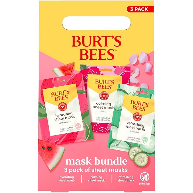 Burt's Bees Back To School Gift Ideas, Face Mask Bundle, Hydrating Watermelon, Calming Rose, & Refreshing Cucumber, Face Sheet Masks for Single Use Skin Care, 99% Natural Origin, 3 Count, 0.33oz Each