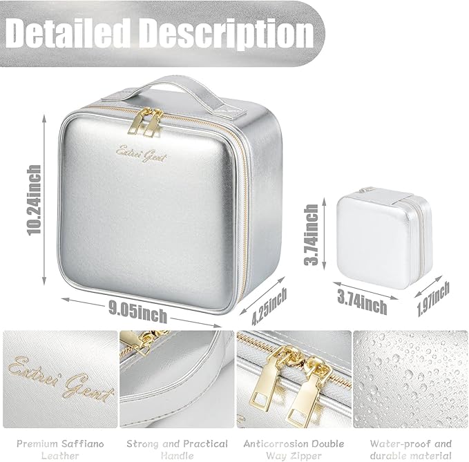 Makeup Travel Train Case with Mirror LED Light 3 Adjustable Brightness Large Cosmetic Bag Portable Storage Adjustable Partition Waterproof Make up Brushes Makeup Jewelry Gift for Women