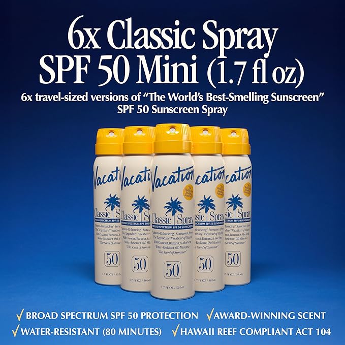Vacation Mini Classic Sunscreen Spray SPF 50, Water-Resistant, Mini Sunscreen Bulk Party Favor, Sunblock Travel Size, TSA Suntan Lotion for Carry On, 1.7 Fl. Oz. (Value Pack of 6)