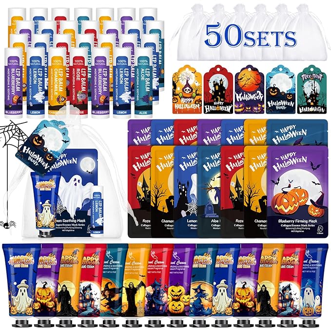 VESPRO 50 Pack Halloween Hand Cream, Facial Mask and Lip Balm Set, Bulk Halloween Gifts for Women, Halloween Decorations, Halloween Party Favors, Halloween Basket Stuffers and Halloween Skincare