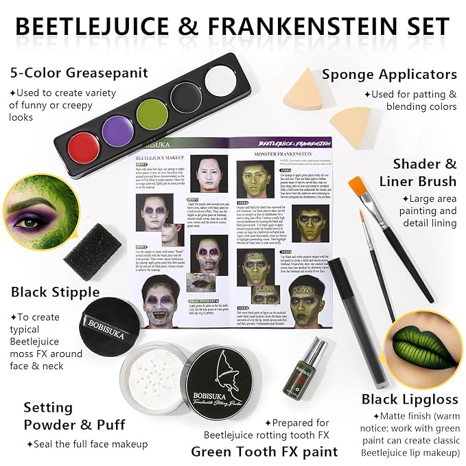 Halloween Beetle-juice Makeup & Frankenstein Makeup Kit, Face Paint SFX Character Set with Black Lipstick & Applicators for Ghost, Zombie, Grinch Special Effects Make Up, Costume Cosplay Party & Stage