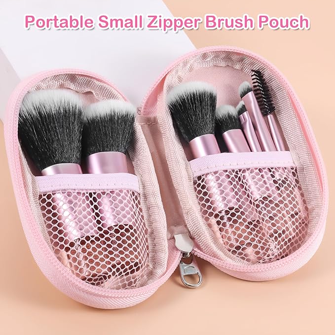 Kingtree 10PCS Mini Makeup Brushes with Pouch, Portable Makeup Brush Travel Set, Easy-taken ON THE GO Makeup Brush Full Complete Function Cosmetic Brushes for Girls