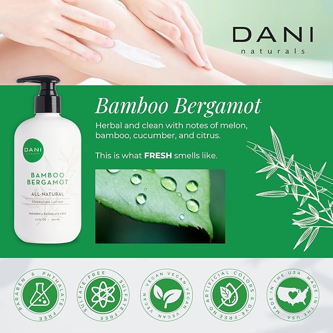 DANI Naturals Hand & Body Lotion - Clean Bamboo Bergamot Scented, Deep Hydration Lotion for Dry Skin, With Shea Butter & Aloe Vera, Natural & Organic Ingredients, Paraben-Free, 12 Oz