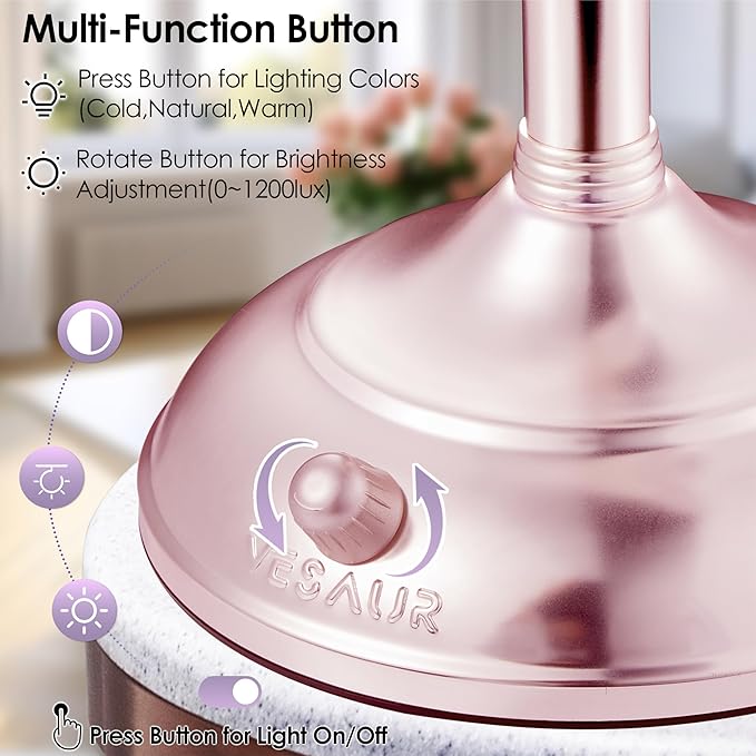 VESAUR Lighted Makeup Mirror Rose Gold Nickel, Double Sided 1X/10X HD Undistorted Magnifying Mirror, 8.5" Vanity Mirror with 3 Colors Dimmable 90 Bright LEDs, 360°Swivel Two Power Supply, Luxury Gifts