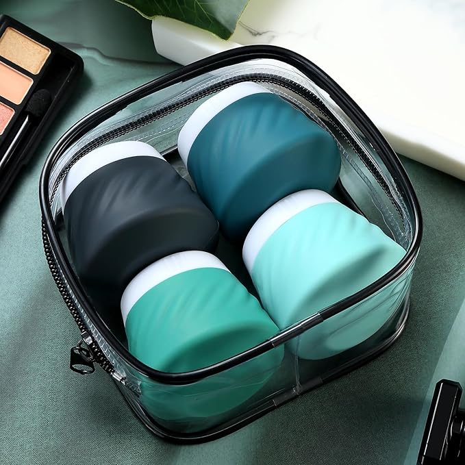 Gemice Silicone Cream Jars TSA Approved Travel Size Containers with Clear Bag, Leak-proof Travel Accessories with Lid for Cosmetic Face Body Hand Cream (4 Pack)