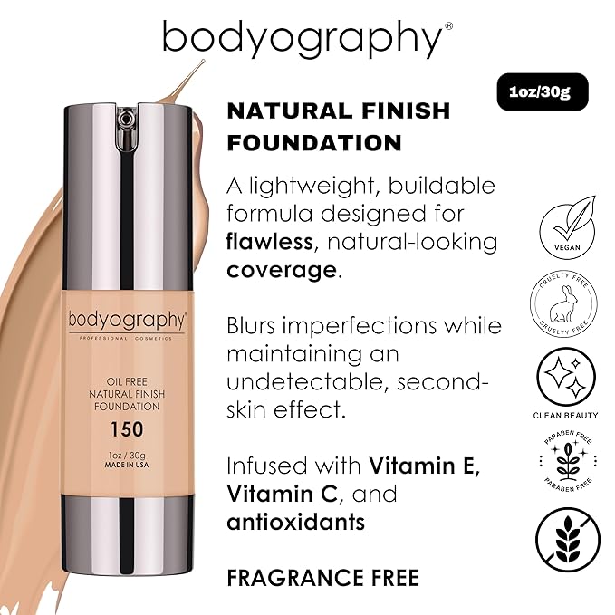 BODYOGRAPHY - NATURAL FINISH Foundation (Light Medium #150): Oil-Free Anti-Aging Salon Natural Finish w/ Vitamin E, C, Antioxidants | Vegan, Gluten-Free, Paraben-Free