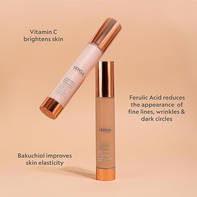 YENSA Serum Foundation Makeup - Super Silk Full Coverage Foundation Enriched with Peptides, Vitamin C & Ferulic Acid to Help Reduce Fine Lines, Wrinkles & Dark Circles - Tan 3 (1 oz)