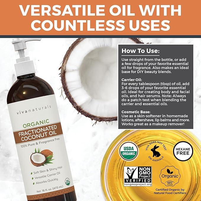 Viva Naturals Organic Fractionated Coconut Oil, 16 fl oz – Skin & Hair Moisturizer, Massage Oil, Carrier Oil for Essential Oils
