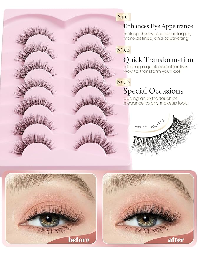Onlyall Natural Lashes Wispy Lashes Natural Look False Eyelashes Natural Flared Eyelashes False Eye Lashes Soft Fluffy Lashes 7 Pairs D-K06, Black