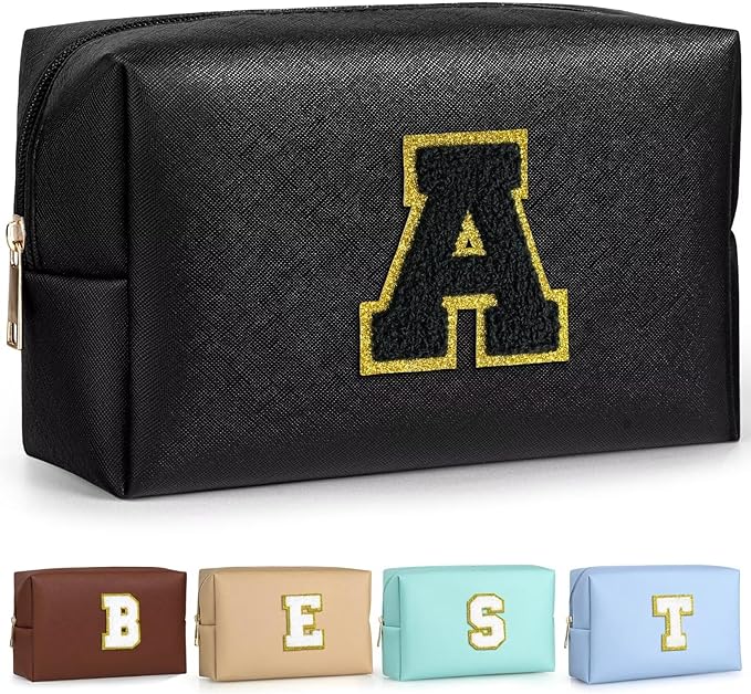 TOPEAST Initial Makeup Bag, Personalized Initial Bags with Zipper, Cute Makeup Pouch, PU Leather Waterproof Cosmetic Bag, Birthday Gift for Women, Preppy Things for Girls (Black A)
