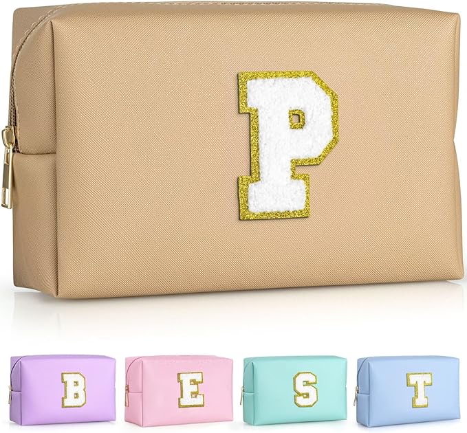 TOPEAST Personalized Makeup Bag, Chenille Letter Pouch Cosmetic Bag w Zipper, PU Leather Waterproof Toiletry Bag, Bridal Shower Gifts for Bridesmaids, Cute Stuff for Girls (Khaki P)