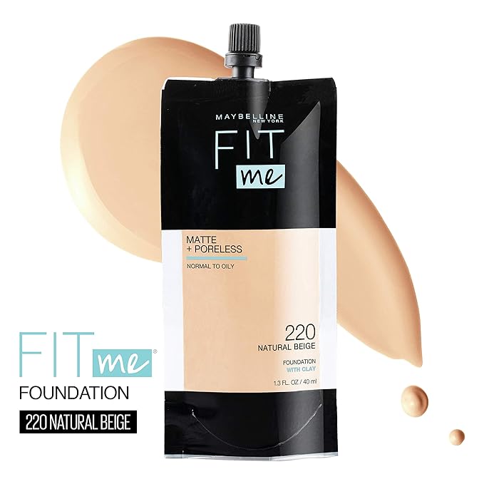 Maybelline New York Fit Me Matte + Poreless Liquid Foundation, Pouch Format, 220 Natural Beige, 1.3 Ounce