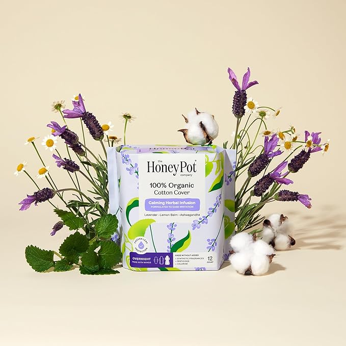 Honey Pot 100% Organic Cotton Cover Calming Herbal Infusion Overnight Pads, 12 Count