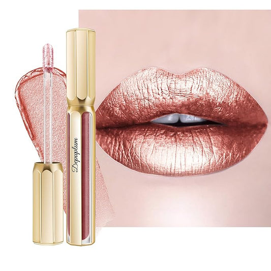 Nude Lipsticks for Women Metallic Lipstick Long Lasting Non Stick Cup Lip Gloss, Metal Shine Lightweight Hydrating Full Coverage Lip Color, DP101 Halo