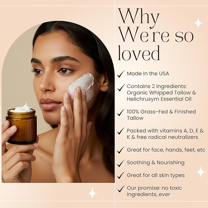 Helichrysum Gymnocephalum Whipped Beef Tallow Balm Cream for Face & Body Age Defying Hydrating, Skin Healing, Full Body Hydration, Multipurpose Balm 2 Oz