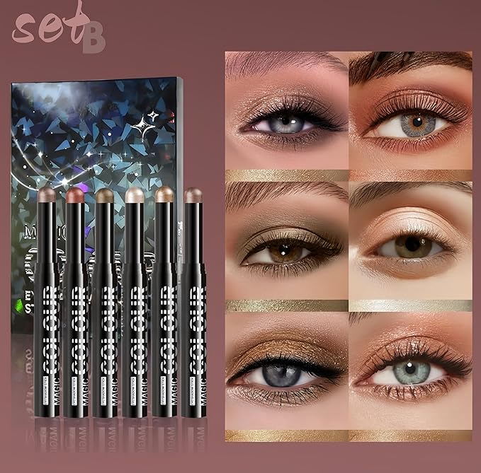 MAEPEOR Eyeshadow Stick Set 6 PCS Highly Pigmented Cream Eyeshadow Pen Waterproof and Long Lasting Shadow Pencil (Set 02)