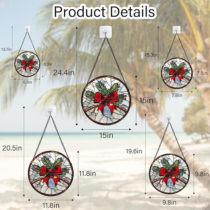 Stained Glass Window Hanging - Pine Branches Red Bow Suncatcher for Doors Home Christmas Decoration Silver Sun Catcher Thanksgiving New Year Birthday Gifts for Women Men Mom Nana 11.8 in