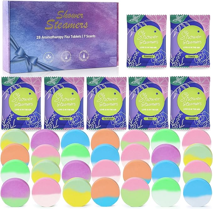 28 Pack Aromatherapy Shower Steamers, Individually Wrapped 7 Scents Bath Bombs,Natural Essential Oil Home SPA Self Care Stress Relief, Perfect Gifts for Her on Birthday Mother's Day Gift Set