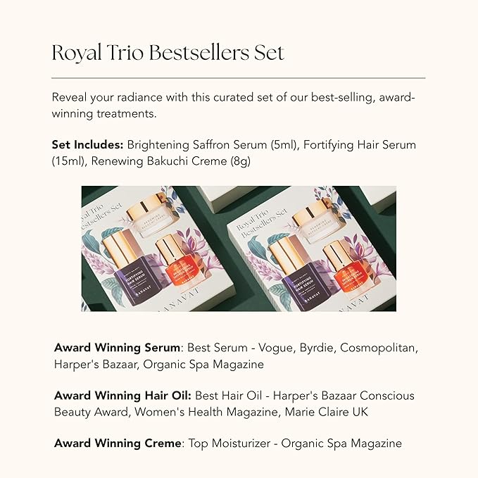 RANAVAT Royal Trio Travel Size Gift Set - Brightening Saffron Face Serum, Renewing Bakuchi Face Cream & Fortifying Hair Serum (3 Count)