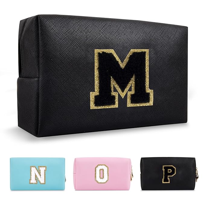 Personalized Initial A-Z Preppy Patch Makeup Bag,Small PU Chenille Letter Cosmetic Bag with Zipper for Teen Girls,Black Cute Toiletry Organizer Bag,Monogram Makeup Case Gift for Women Girls,Letter M