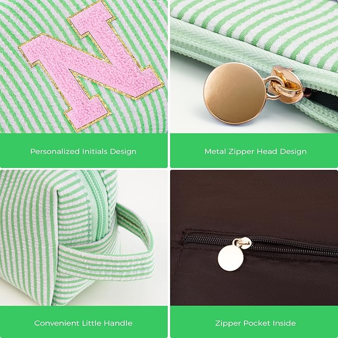 Personalized Makeup Bag for Women Girls - Fashion Cosmetic Bag Trendy Travel Toiletry Bag with Initials Letter - Teen Gifts - Green,N