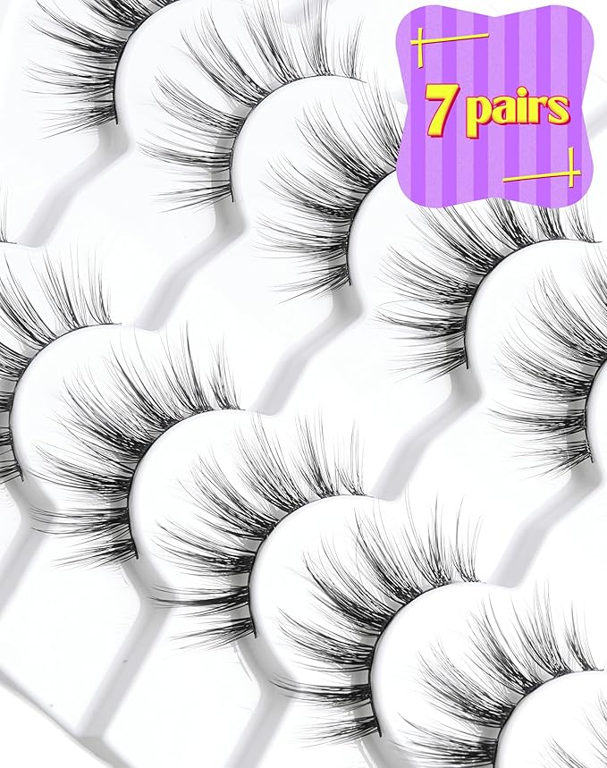 Onlyall Natural Lashes Wispy Lashes Natural Look False Eyelashes Natural Flared Eyelashes False Eye Lashes Soft Fluffy Lashes 7 Pairs DK51, Black