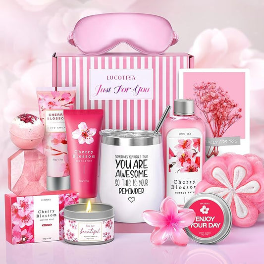 Gifts for Women Birthday Gifts, Spa Gifts Set- 10 Pcs Christmas Valentine's Mother's Day Gifts and Cherry Blossoms Self Care Package Gifts Women, Relaxing Gifts Basket