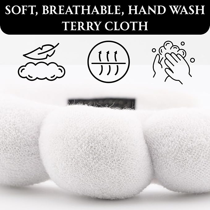 Skincare Headband - Hair band for Washing Face & Makeup Headband for Women - Terry Cloth Hairband for Spa & Skincare Routines - Perfect for Face Wash & Makeup Application (White)