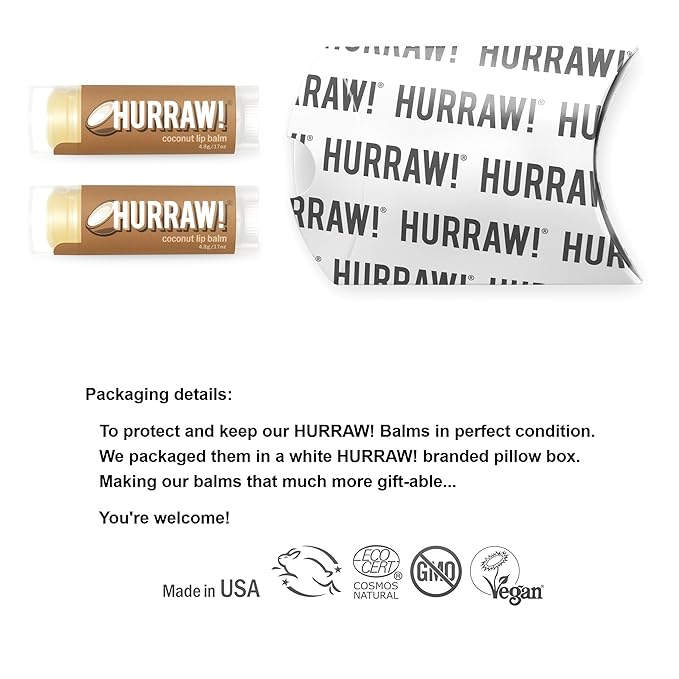 Hurraw! Coconut Lip Balm, 2 Pack: Organic, Certified Vegan, Cruelty and Gluten Free. Non-GMO, 100% Natural Ingredients. Bee, Shea, Soy and Palm Free. Made in USA