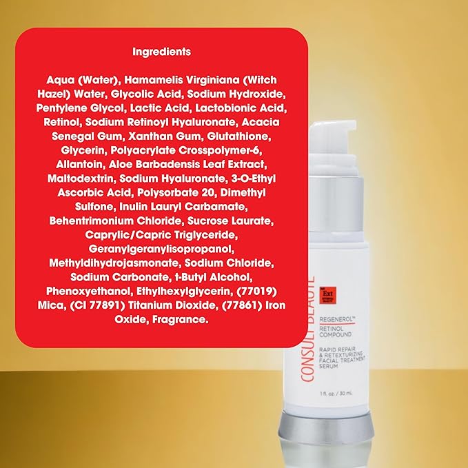 Consult Beaute - Regenerol Retinol Compound Serum for Face - Rapid Repair & Retexturizing Skin Treatment for Lines and Wrinkles - Hydrating Hyaluronic Acid - AHA -1 Fl. Oz.