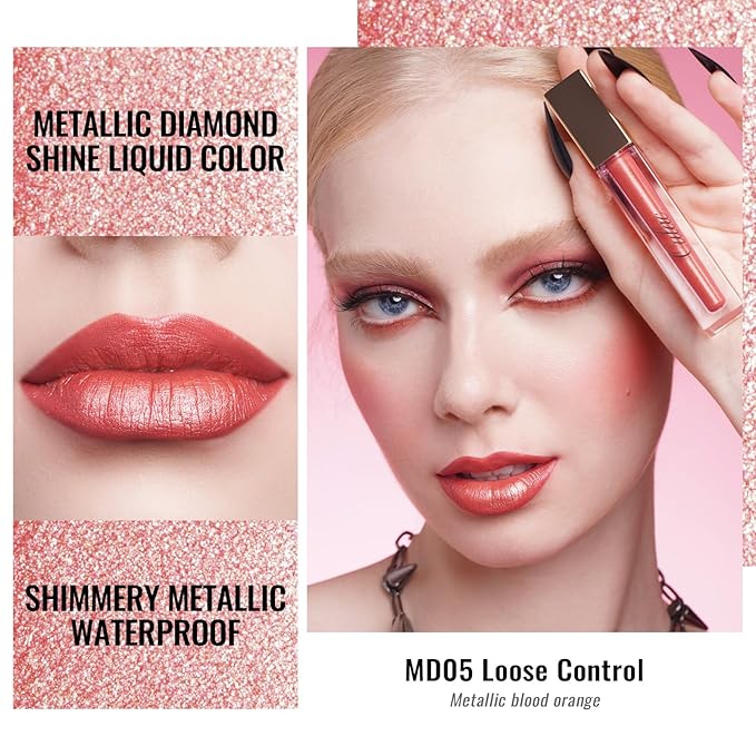 Oulac Red Metallic Lipstick for Women, Orange Red Lip Gloss, Lip & Eye 2 IN 1, Long Lasting Waterproof Lipstick, Oil-Based Formula, High Impact Lip Color, Transfer Proof, Vegan MD05