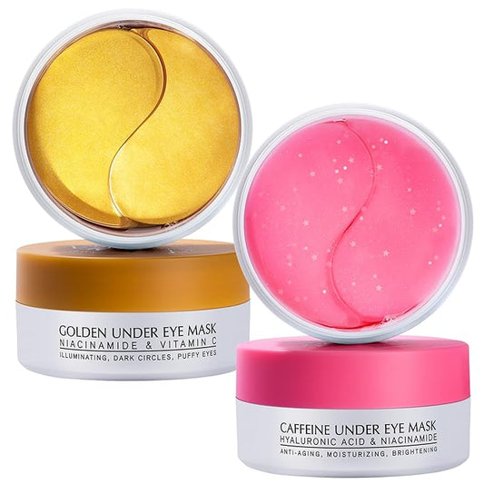 Under Eye Patches Kit: 120 Pcs Rosy Caffeine & 24K Gold Gel Eye Mask for Dark Circles, Puffiness and Wrinkles - Anti-Aging Pads with Niacinamide, Collagen, Hyaluronic Acid & Vitamin C (2 Pack)
