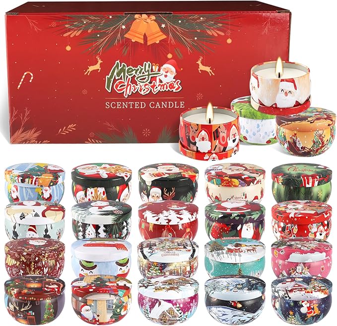 24Pack Christmas Scented Candle Tins Gift Set - Soy Wax Festive Aromatherapy Candles 2.5oz- Smokeless Long Lasting Burn time for Advent & Christmas Gifts Holiday Decor & Gifting.