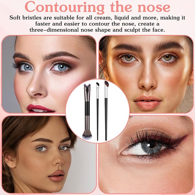 Grevosea 3 Pcs Contour Brushes for Makeup, 2 in 1 Dual-End Nose Contour Brush Angled Blush Brush for Cheeks Sculpting Highlighting Defining Eyeshadow Makeup Brushes