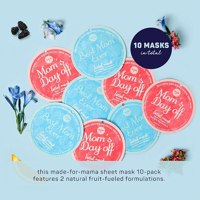 SpaLife Made for Mama Facial Mask Duo – Antioxidant Rejuvenating & Soothing Anti-Aging Facial Sheet Masks – Face Masks Skincare Set – Hydrating Face Masks – 10 Pack – Natural Fruit Extract Formulas