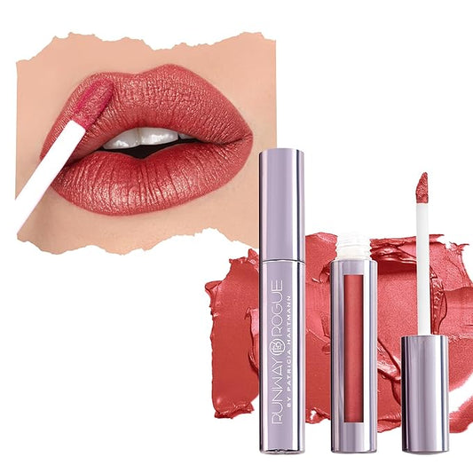 Runway Rogue Pearl Glam Long Wear Shimmer Liquid Lipstick, Metallic Soft Earthy-Red Lipstick with Gold Shimmer, ‘Day Rate’