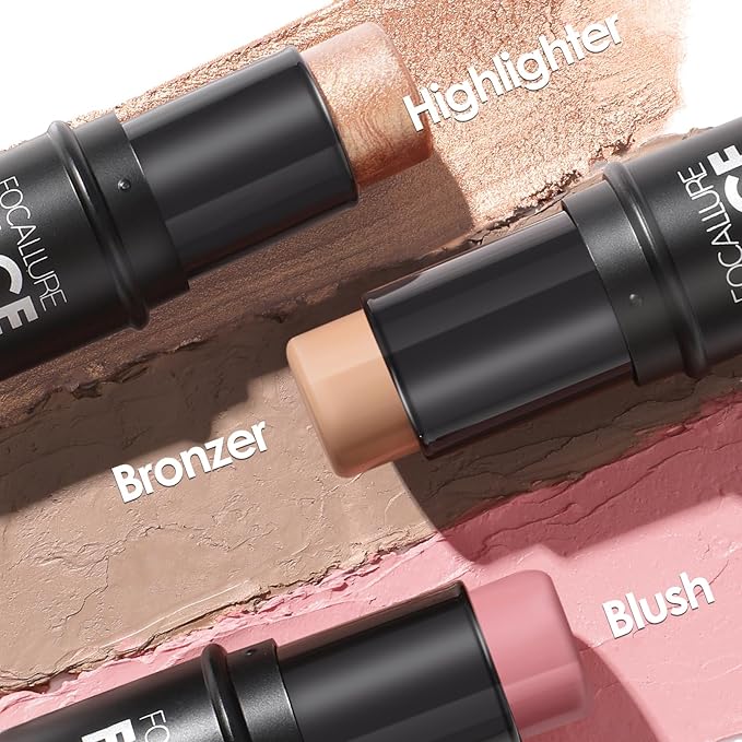 FOCALLURE 3PCS Cream Contour Stick - Highlighter Bronzer Blush Set for Face Sculpting, Non-Greasy Longwear Makeup, Easy to Blend with Natural Matte Finish,SET 3