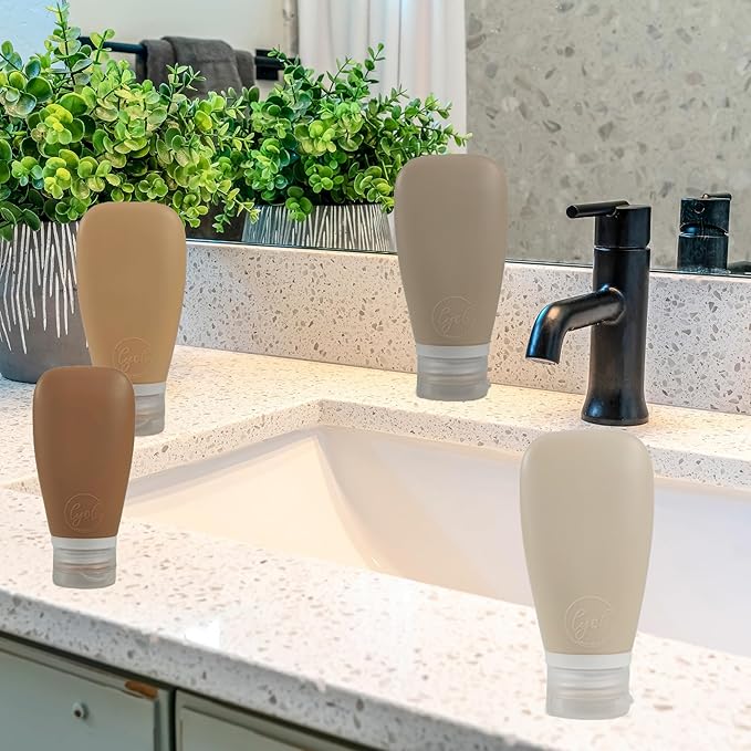 Travel Bottles for Toiletries, TSA Approved 3 oz Leak Proof Silicone Refillable Squeeze Travel Size Containers BPA Free for Cleansers, Lotions, Shampoo w/Clear Bag (Earth Tone Colors)