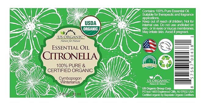 US Organic Citronella Essential Oil, USDA Certified, 100% Pure, 30 ml, Improved caps and droppers – Used for Skin Care, DIY Projects Like Candle Making and Much More