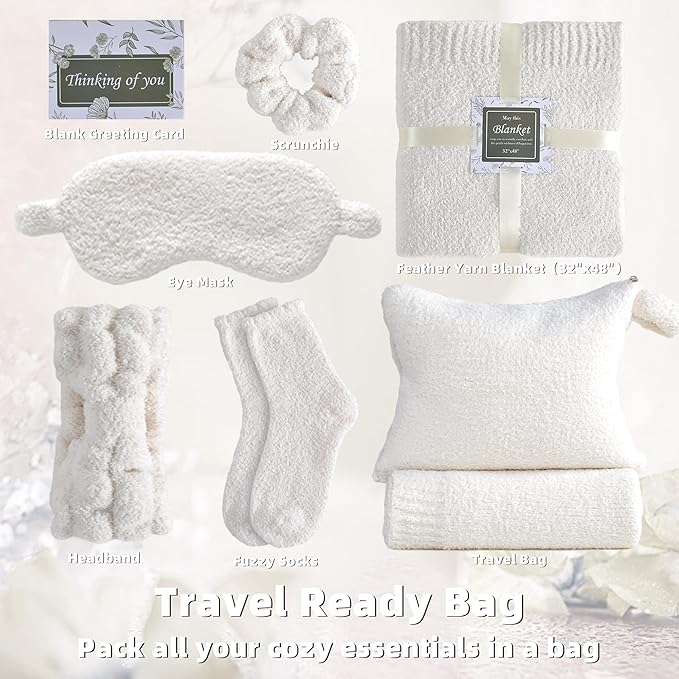 JOOJA Birthday Get Well Soon Cozy Gift Basket Care Package for Women with Blanket, Fuzzy Socks, Eye Mask, Headband Cozy Essentials - White