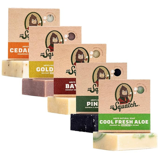 Dr. Squatch Natural Bar Soap for Men - Cold Process Soap with No Harsh Chemicals - Cool Fresh Aloe, Cedar Citrus, Gold Moss, Pine Tar & Bay Rum (5 oz, 5-Pack)