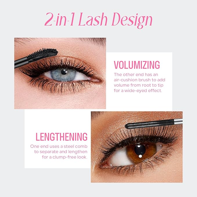 KYDA 2 Pcs Double Ended Metal Mascara, Volumizing Lengthening Clump-Free Black Mascara, Waterproof Formula for Dramatic Lashes, Curling, Washable Eyelash Makeup