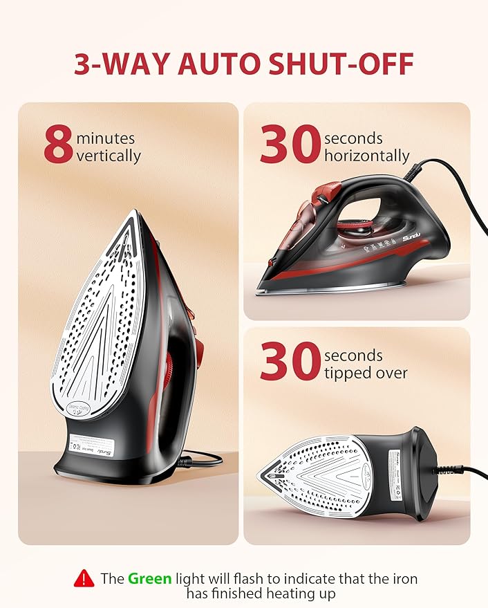 Steam Iron for Clothes, Automatic Shutoff, Light Weight, 1500W Iron with Non-Stick Ceramic Soleplate, 3-Way Auto-Off, Rapid Heating, Self-Cleaning, 15.21oz Water Tank Ironing Clothes for Home